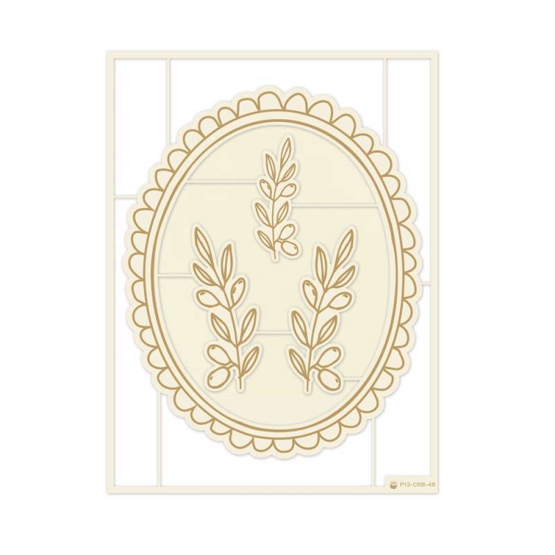 adesivo decorativo oval bege com ramos de folhas castanho claro