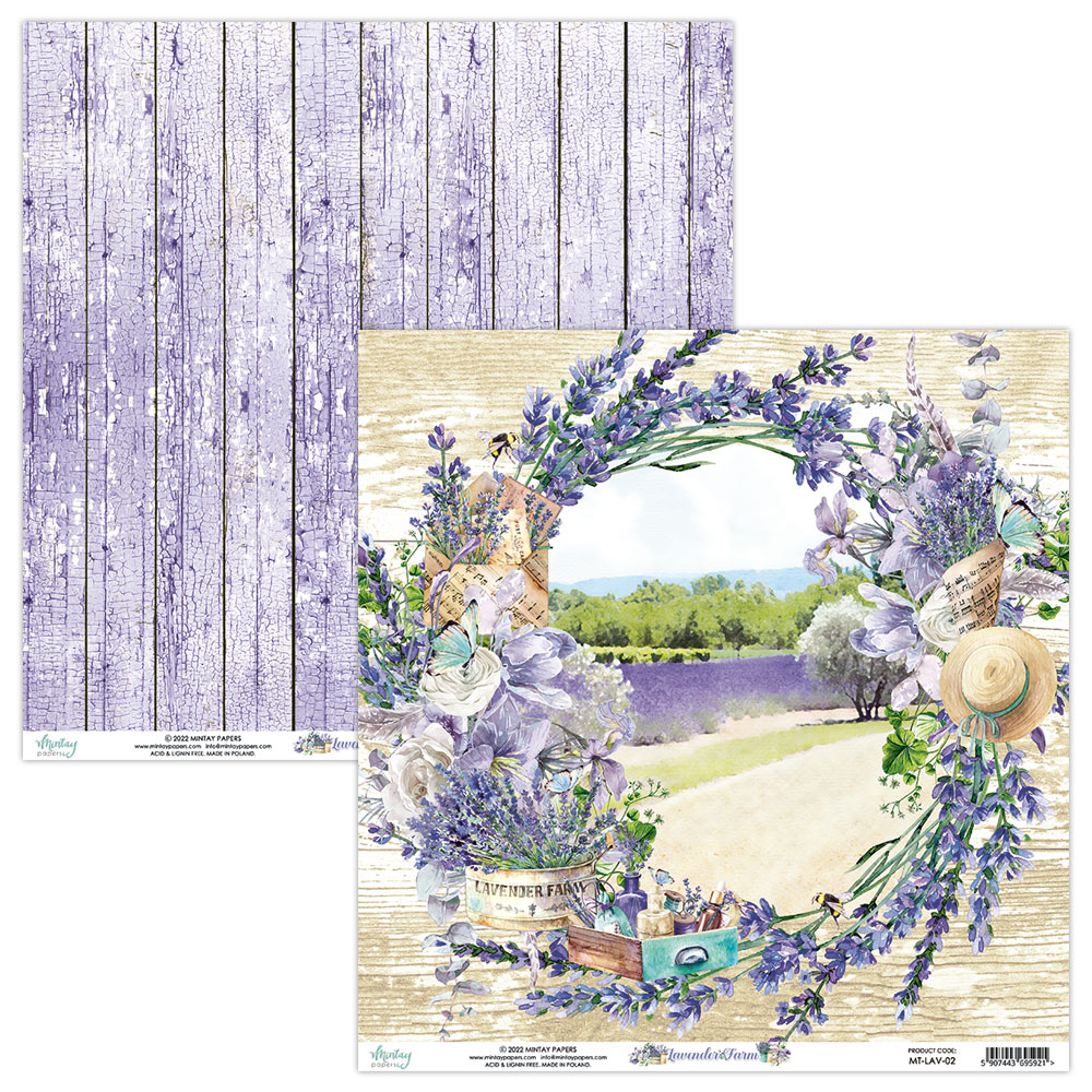 Folhas decorativas para scrapbooking com padrão floral lilás e textura de madeira