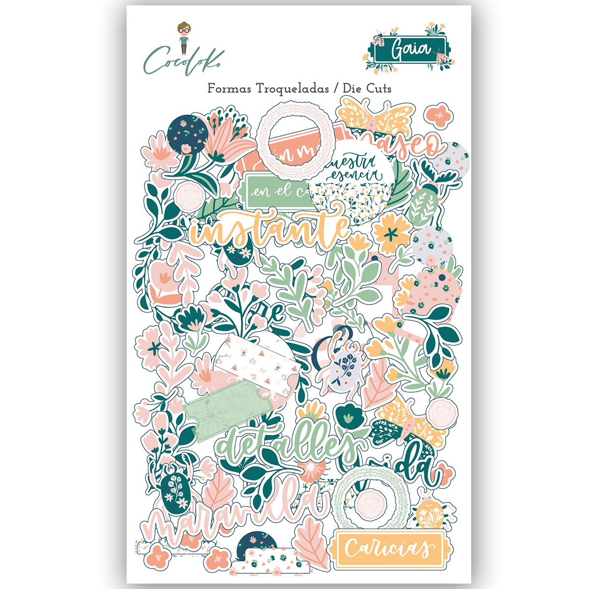 Conjunto de formas de recorte com temas florais e texto decorativo em várias cores