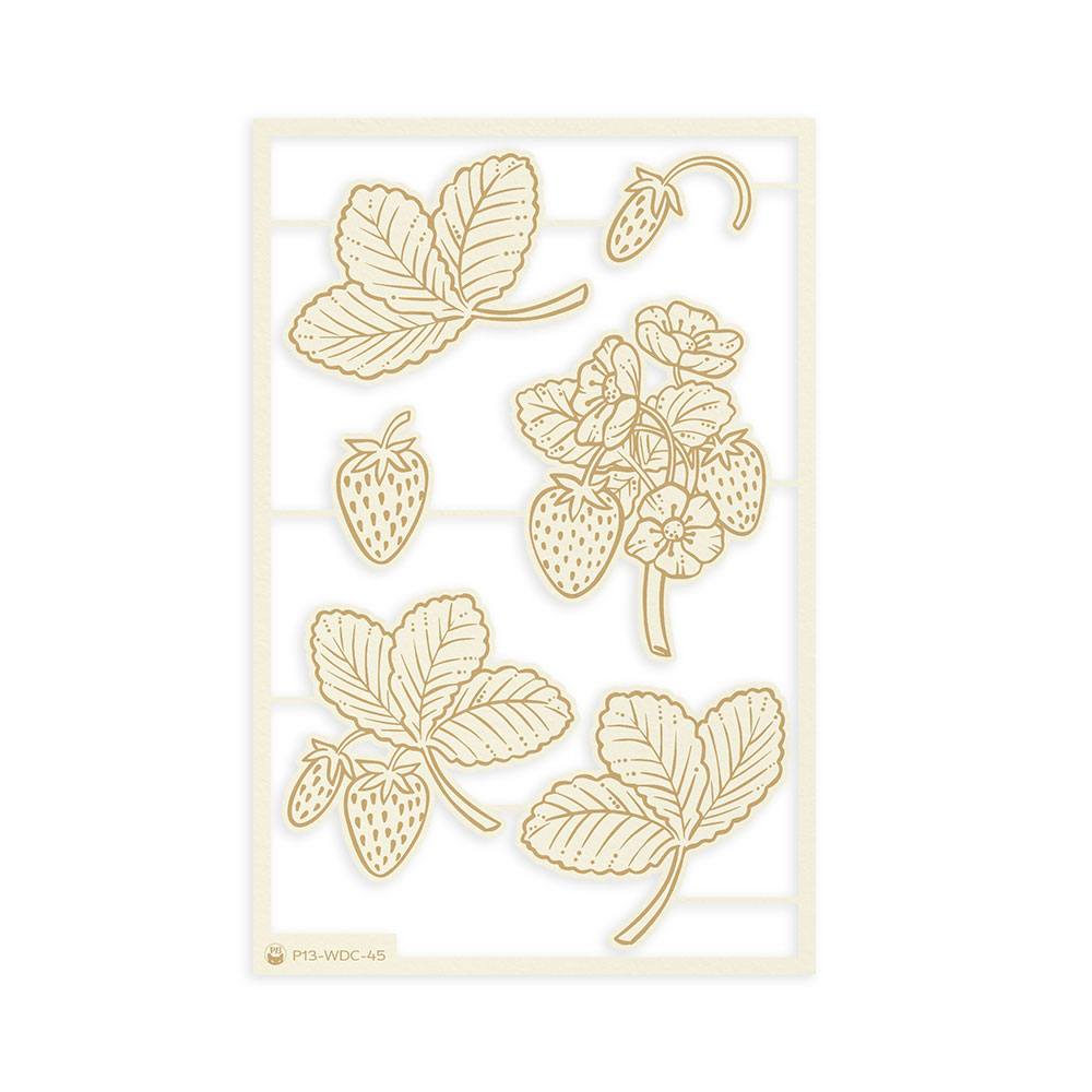 Peças decorativas bege de folhas e morangos em moldura retangular clara