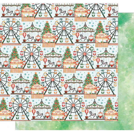 Papel para scrapbook com ilustração de parque de diversões e verso verde aquarelado