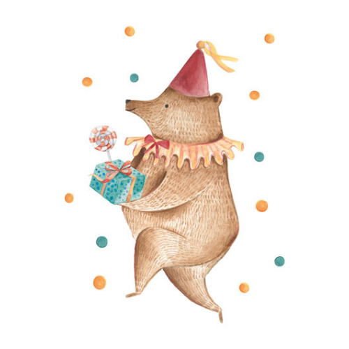 Urso castanho com chapéu de festa segurando presente e pirulito, sobre fundo branco com bolas coloridas