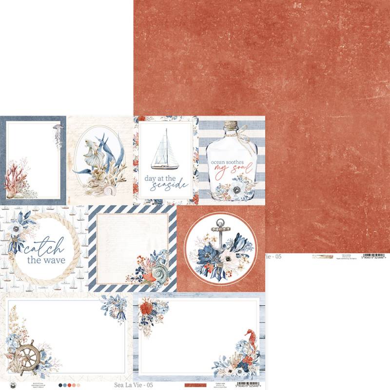 Papel decorativo scrapbooking com temas marinhos, textos em inglês e padrões náuticos