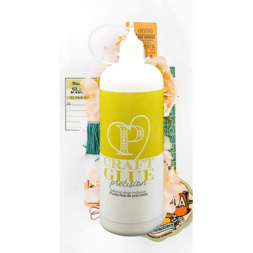Frasco de cola artesanal branca com rótulo amarelo e texto CRAFT GLUE precision