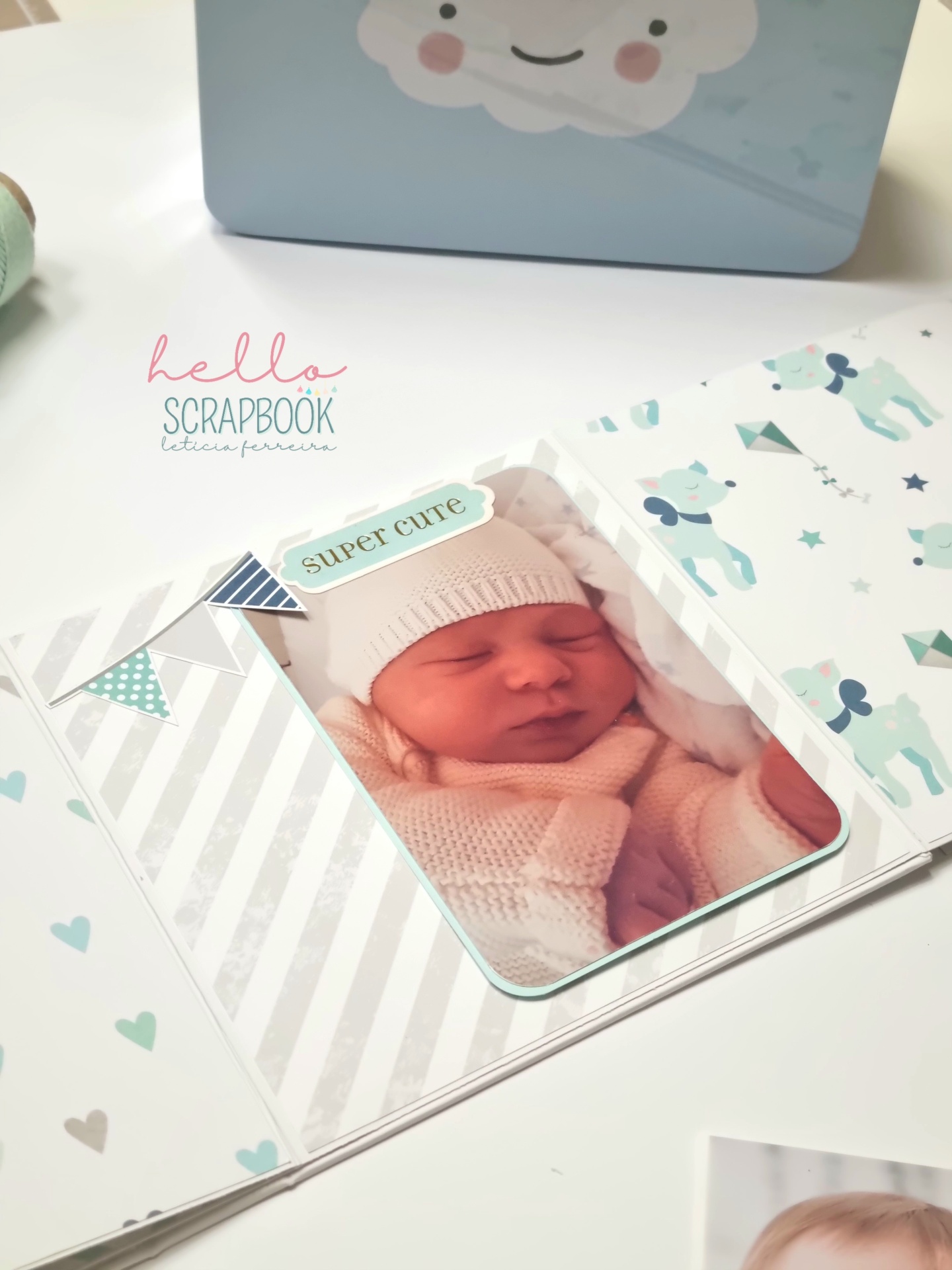 Scrapbook com fotografia de recém-nascido vestido com malha cor-de-rosa e texto decorativo