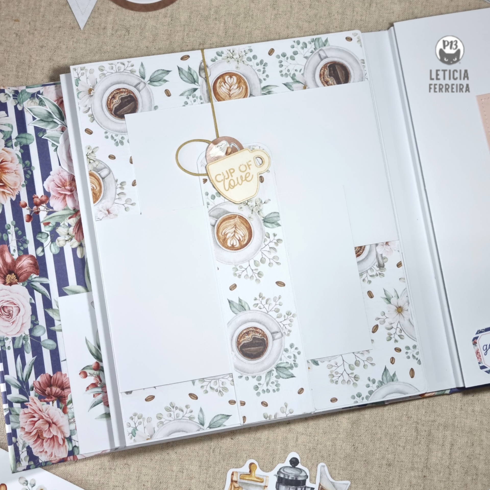 Conjunto de papelaria com motivos de café e cartão 'CUP OF LOVE'