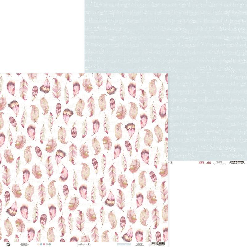 Papel decorativo duplo com padrão de penas e texto