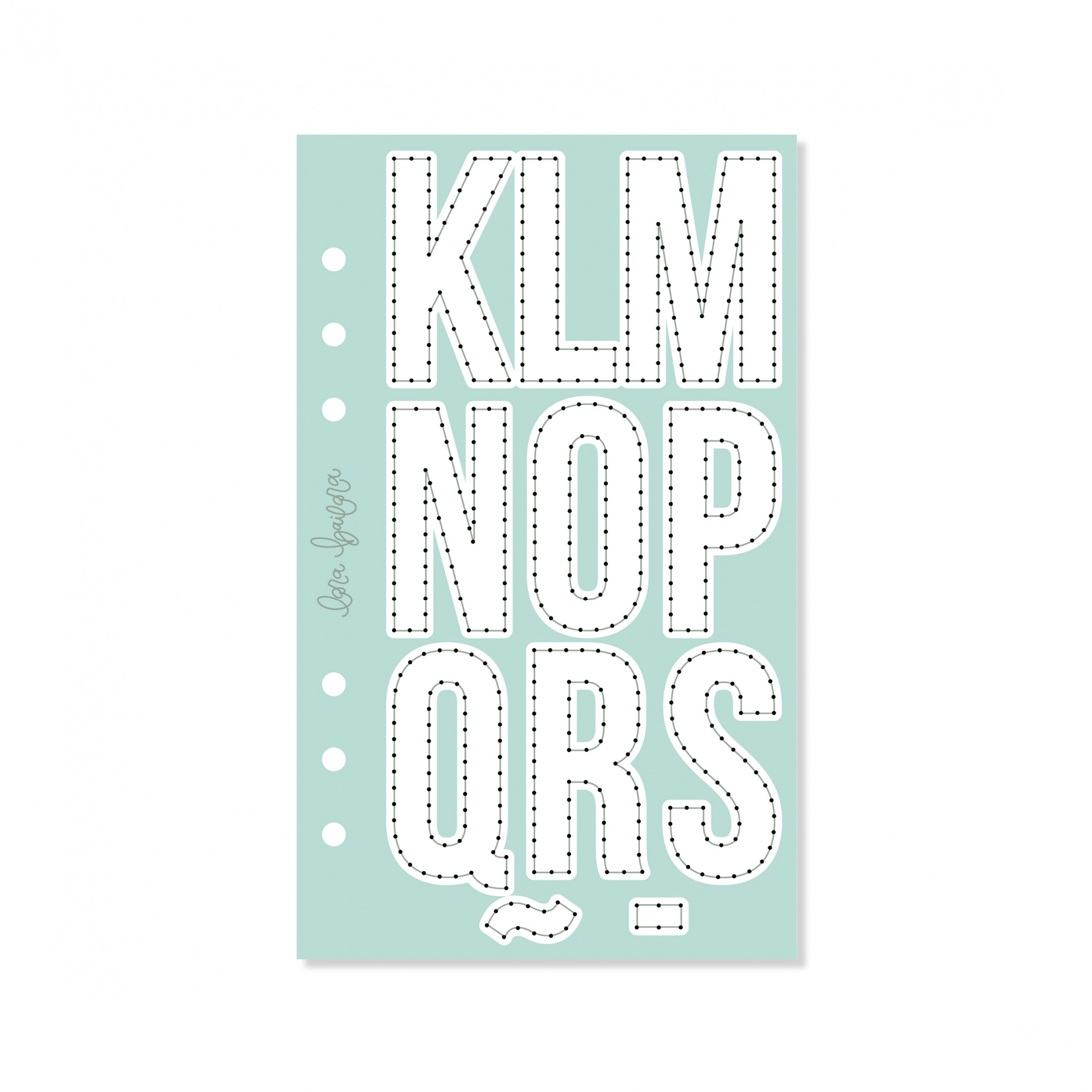 Folha azul claro com letras maiúsculas brancas e contorno a tracejado pretos com furos na lateral