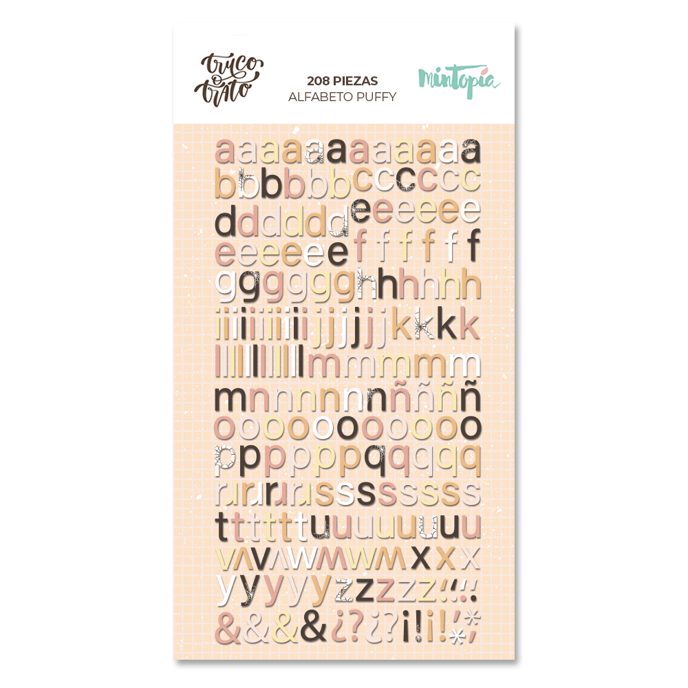 Conjunto de letras alfabeto Puffy diversas cores e estilos em folha cor de pêssego