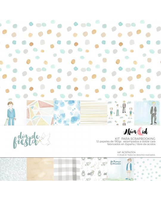 Kit papel scrapbook com 13 folhas com padrões coloridos e embalagem branca.