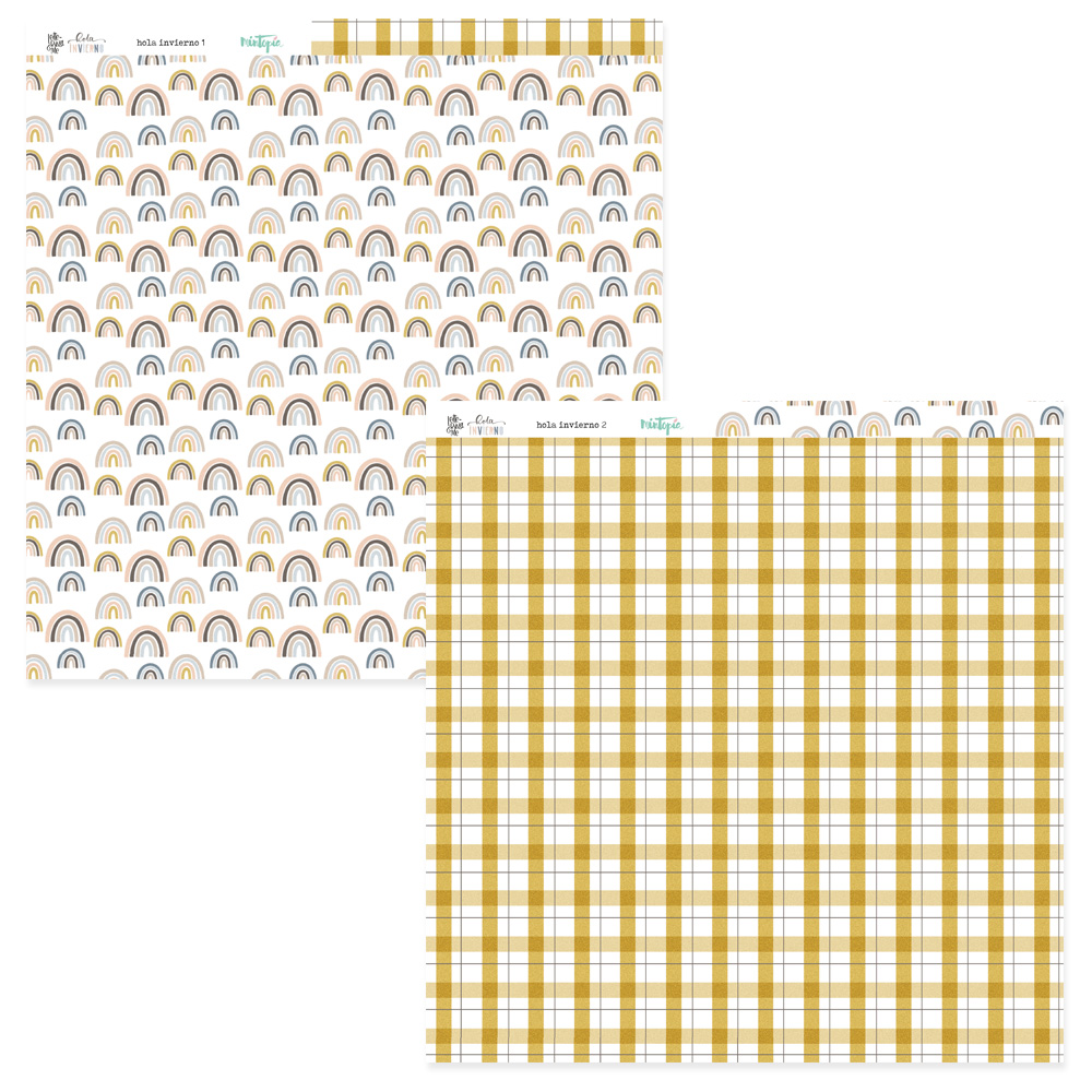 Papel decorativo com estampas de arcos-íris e xadrez amarelo