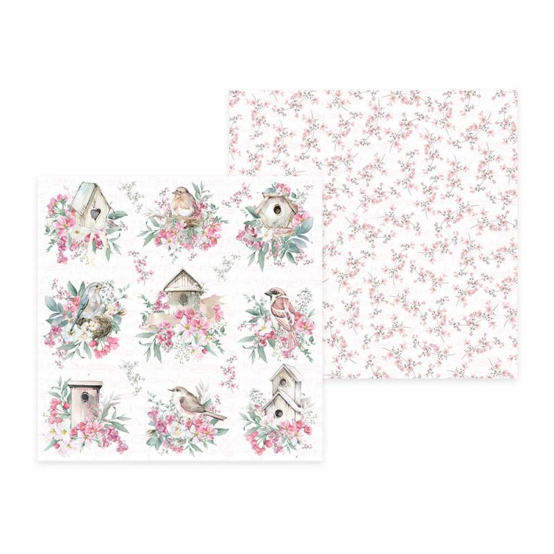 Papeis decorativos com casinhas de pássaros e padrão floral