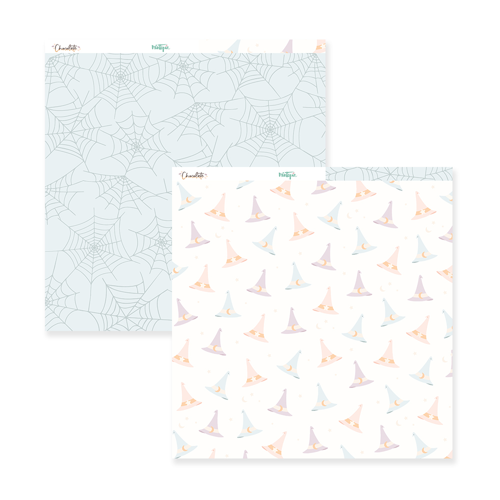 Papel decorativo com padrões de aranhas e chapéus de bruxa em branco e azul claro