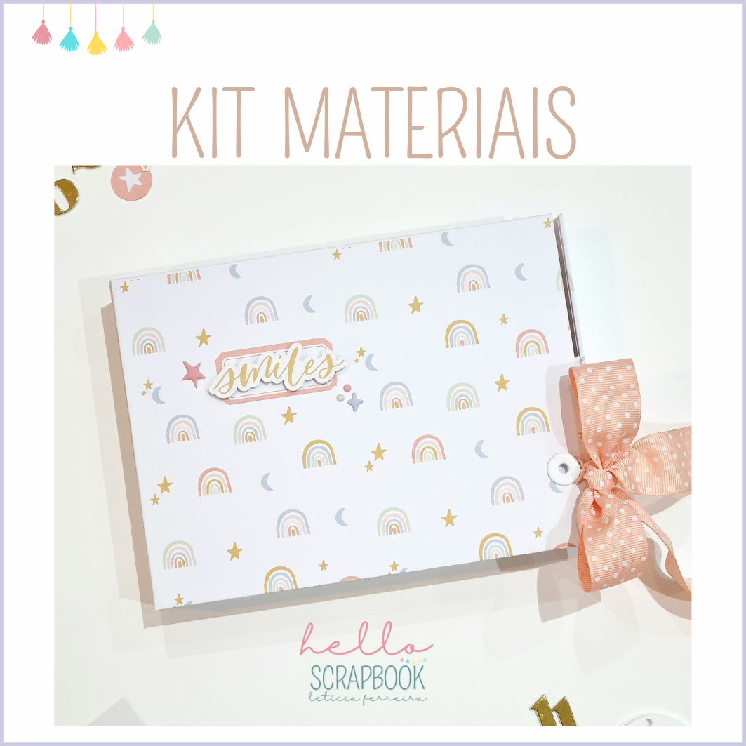 Kit materiais para scrapbook com decoração de arcos-íris, estrelas e laço rosa