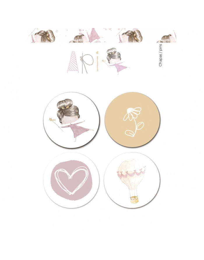 Quatro autocolantes redondos coloridos com desenhos infantis e tons pastel.