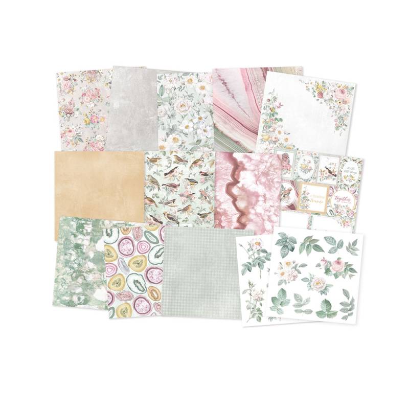 Kit de papéis decorativos com padrões florais e naturais em tons pastel