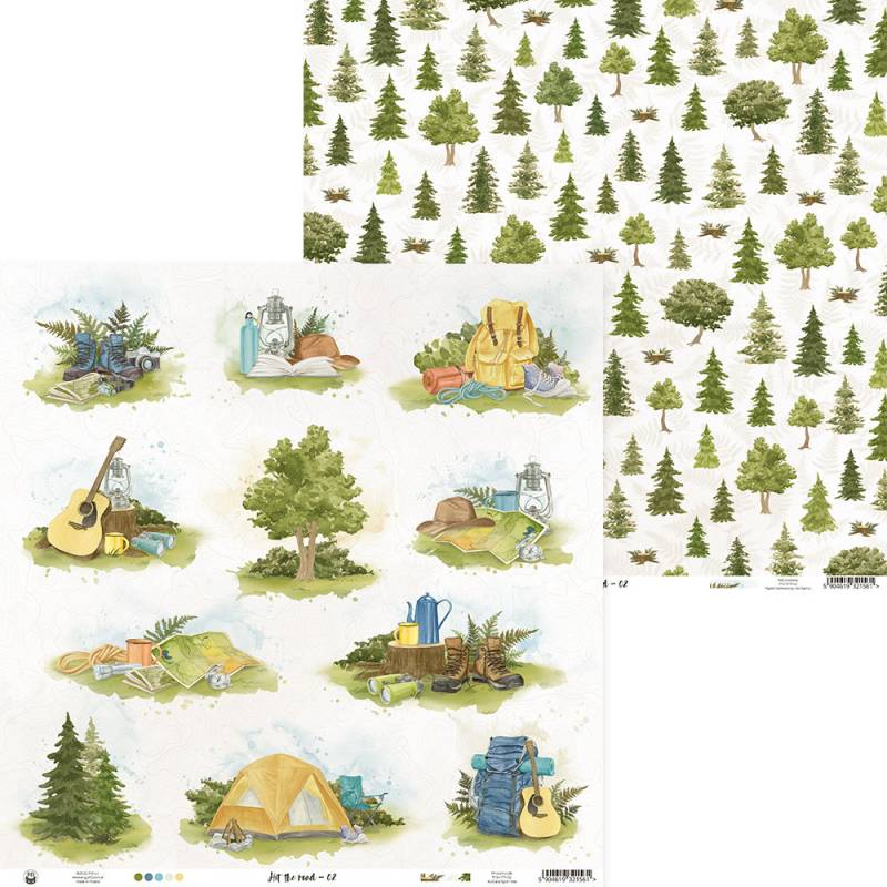 Folha dupla-face com desenhos de árvores e itens de campismo