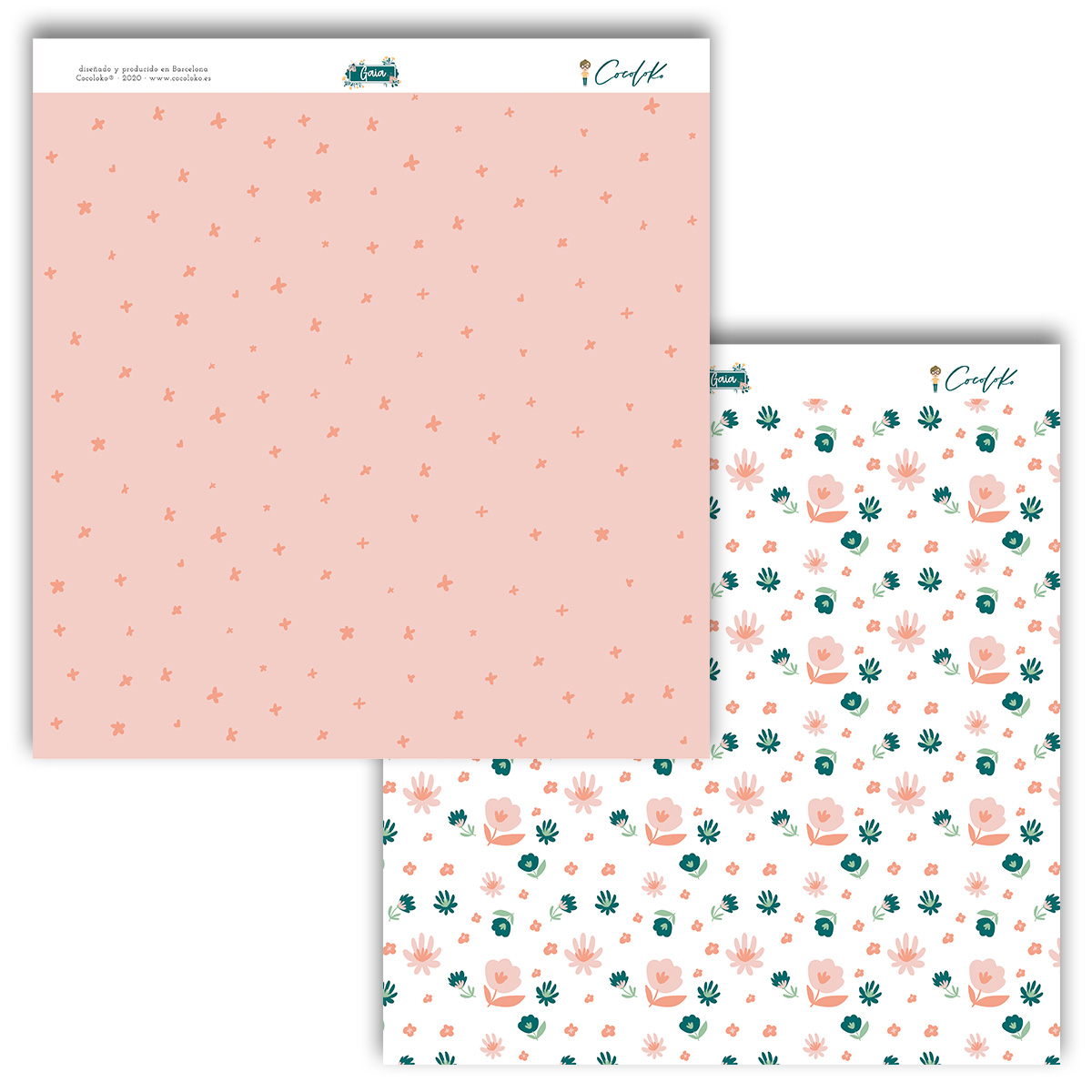 Folha de papel de embrulho dupla face com padrões florais em tons de rosa, pêssego, verde e azul.