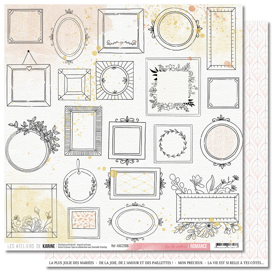 Folha decorativa para scrapbook com molduras quadradas e redondas com detalhes florais e manchas amarelas.