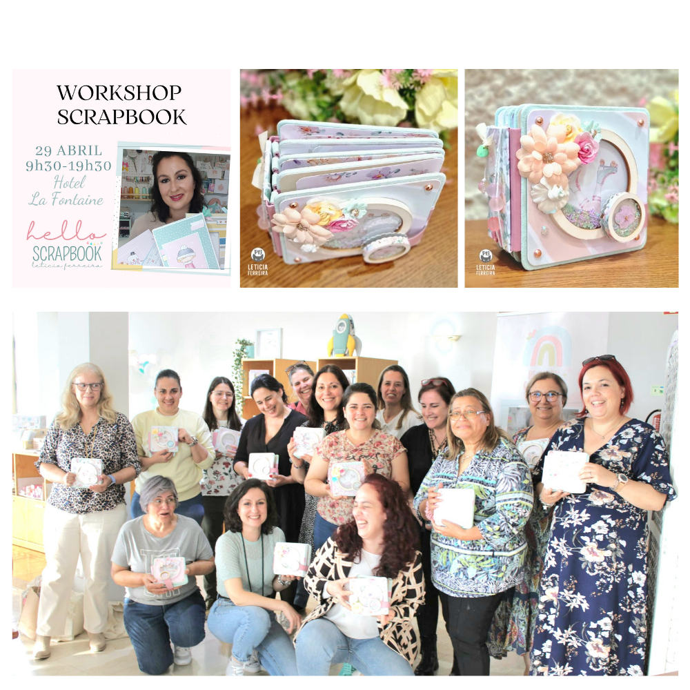 Cartaz de workshop de scrapbook, álbuns decorados com flores e grupo de participantes segurando álbuns