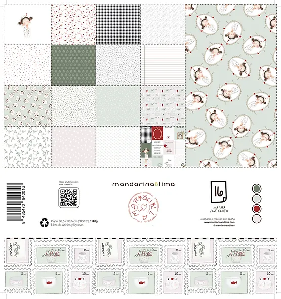 Papel decorativo para artesanato com vários padrões em verde, branco, preto e vermelho