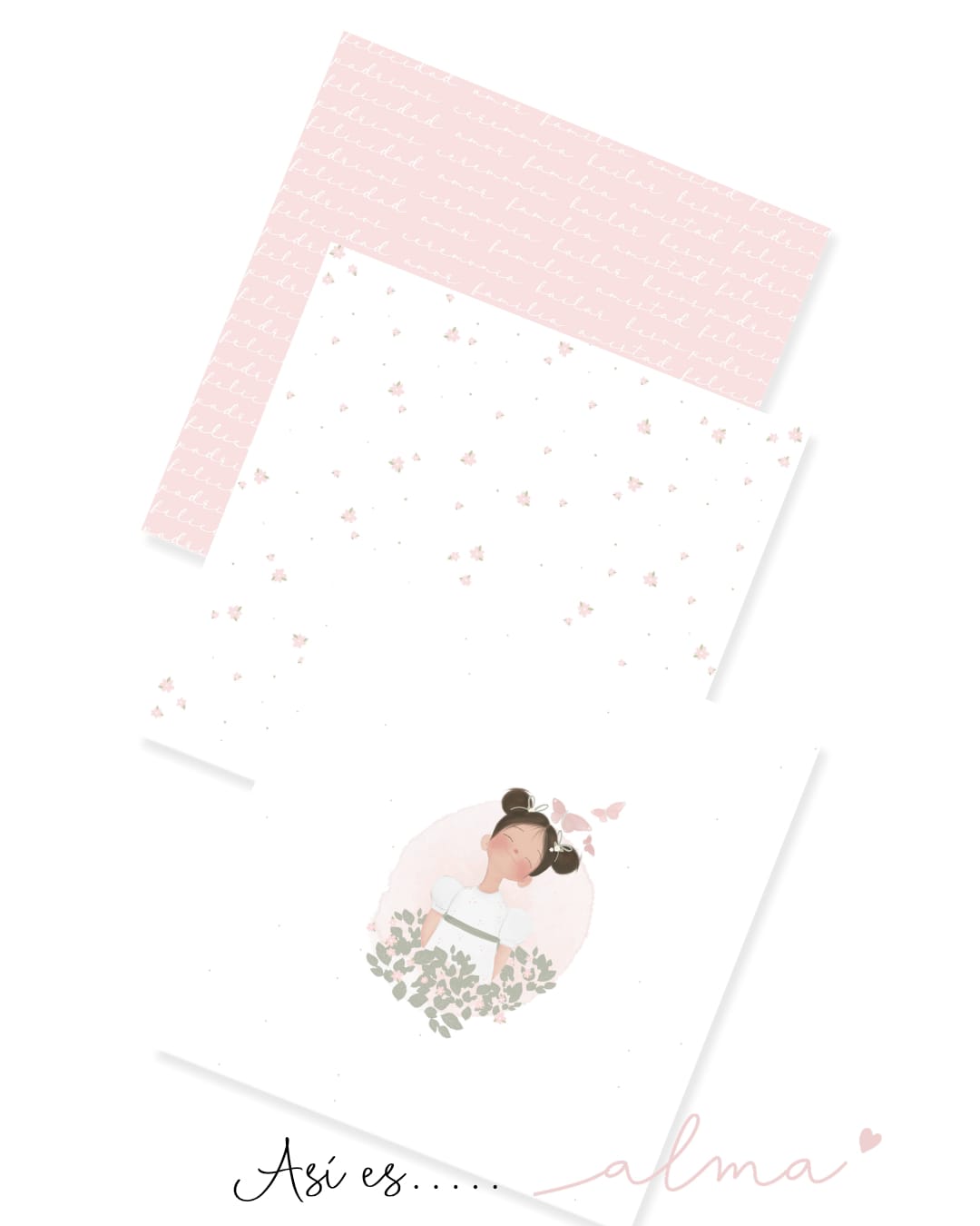 Papel decorativo rosa e branco com ilustração de menina e padrão floral
