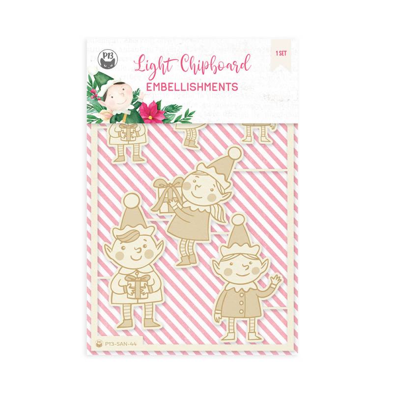 Adereços de madeira clara com motivos de duendes de Natal em embalagem com padrão de riscas rosa e branco