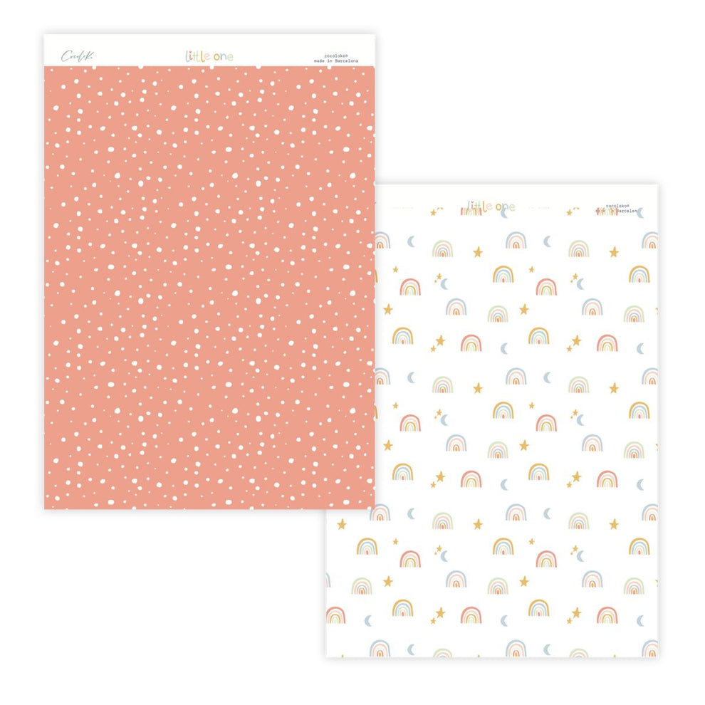 Dois papéis decorativos para artesanato, um salmão com bolinhas e um branco com arco-íris