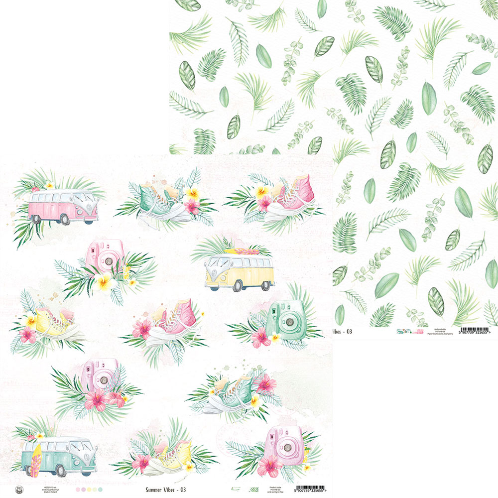 Papel decorativo com carrinhas vintage, flores tropicais e folhas verdes