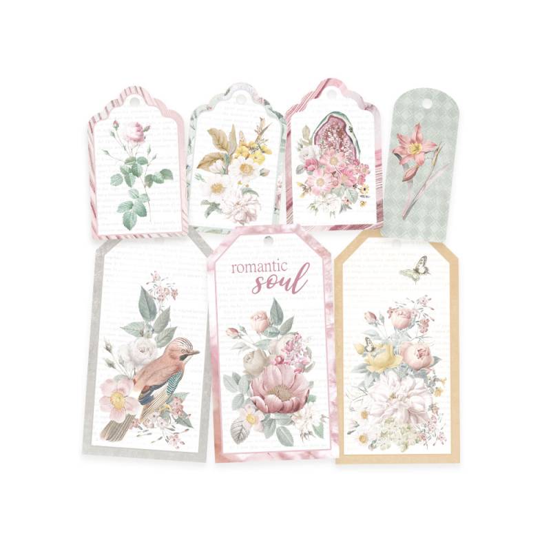 Sete etiquetas decorativas com flores e pássaros em tons pastel.