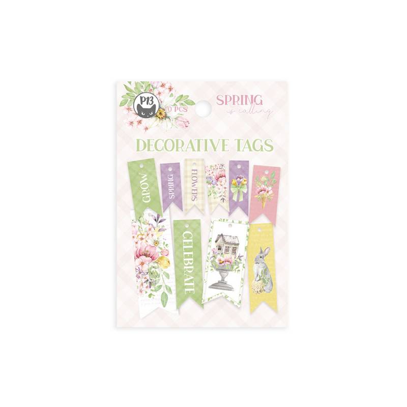 Etiquetas decorativas em tons pastel com textos e ilustrações florais e de coelho
