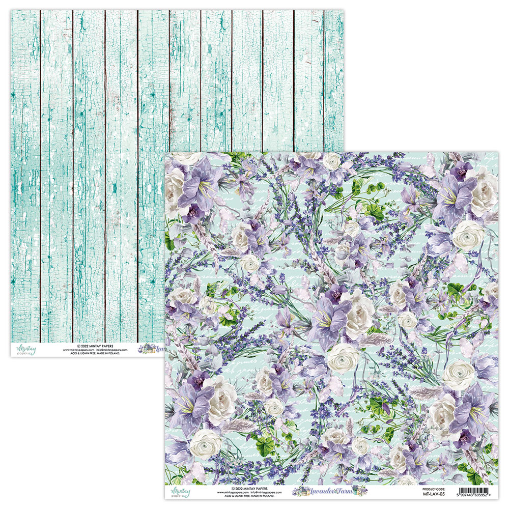 Papel decorativo dupla-face com padrões florais e madeira azul desgastada