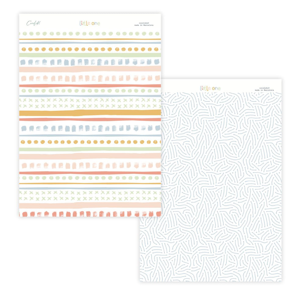 Folhas de papel decorativo para scrapbooking com padrões coloridos e minimalistas.
