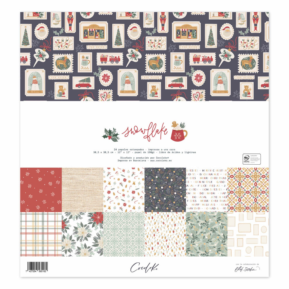 Folha de papel decorativo natalício para scrapbook com vários padrões e cores