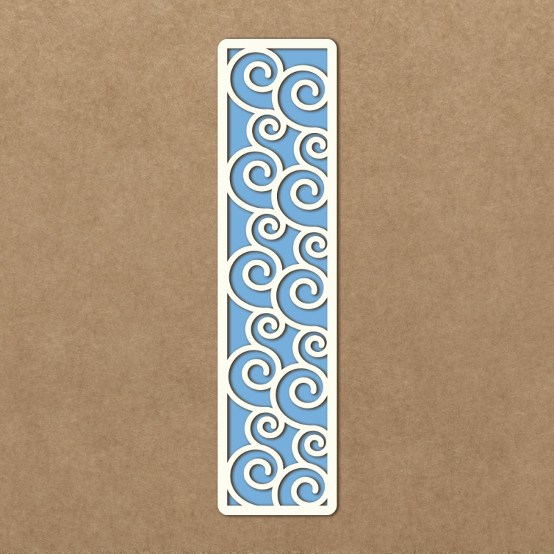 Marcador de livros branco com padrão de espirais recortadas em fundo azul