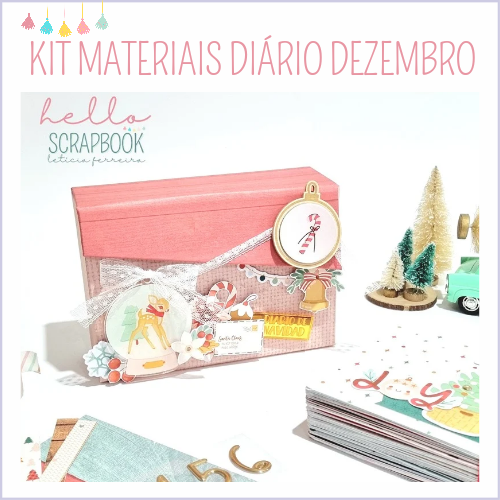 Kit materiais diário dezembro com caixa rosa e decorações natalícias