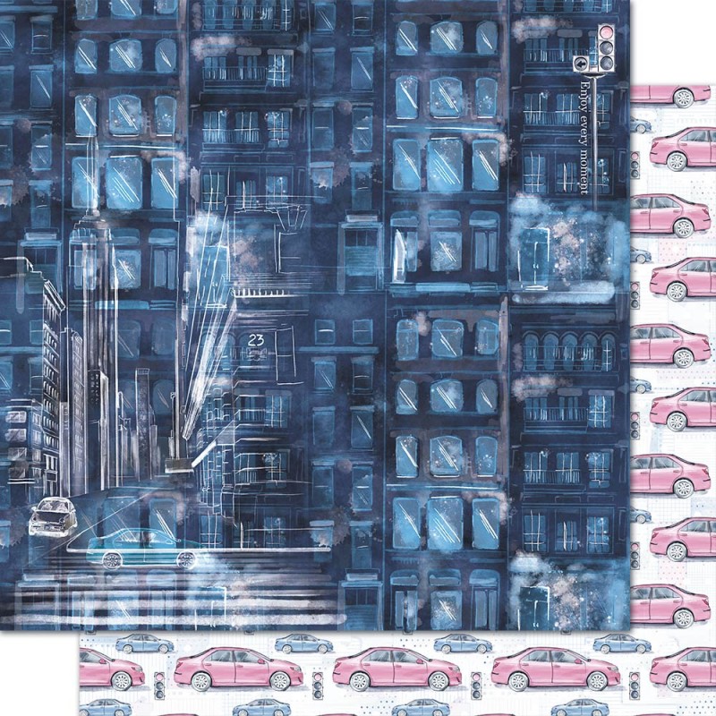 Desenho digital de edifícios azuis com padrão de carros rosa em fundo branco