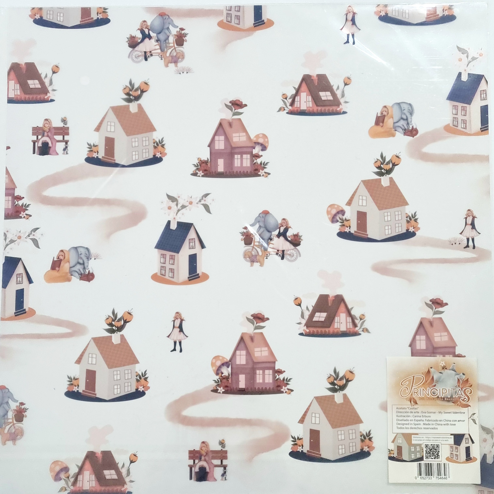 Papel de parede com casinhas coloridas e figuras humanas em fundo branco