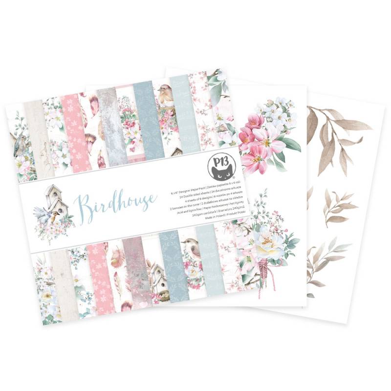 Conjunto de papéis decorativos com temas florais e pássaros em tons suaves