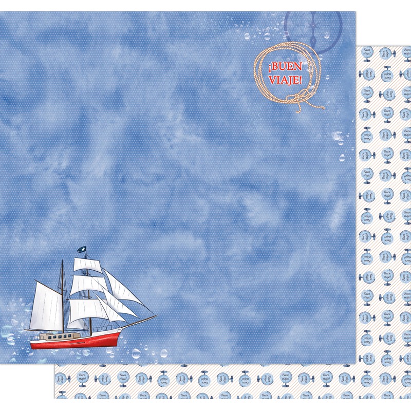 Papel decorativo azul com veleiro vermelho e branco e texto BUEN VIAJE!