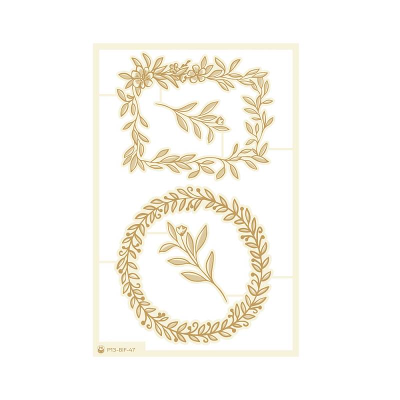 Cartão com dois desenhos florais em bege, um retangular e outro circular, sobre fundo branco