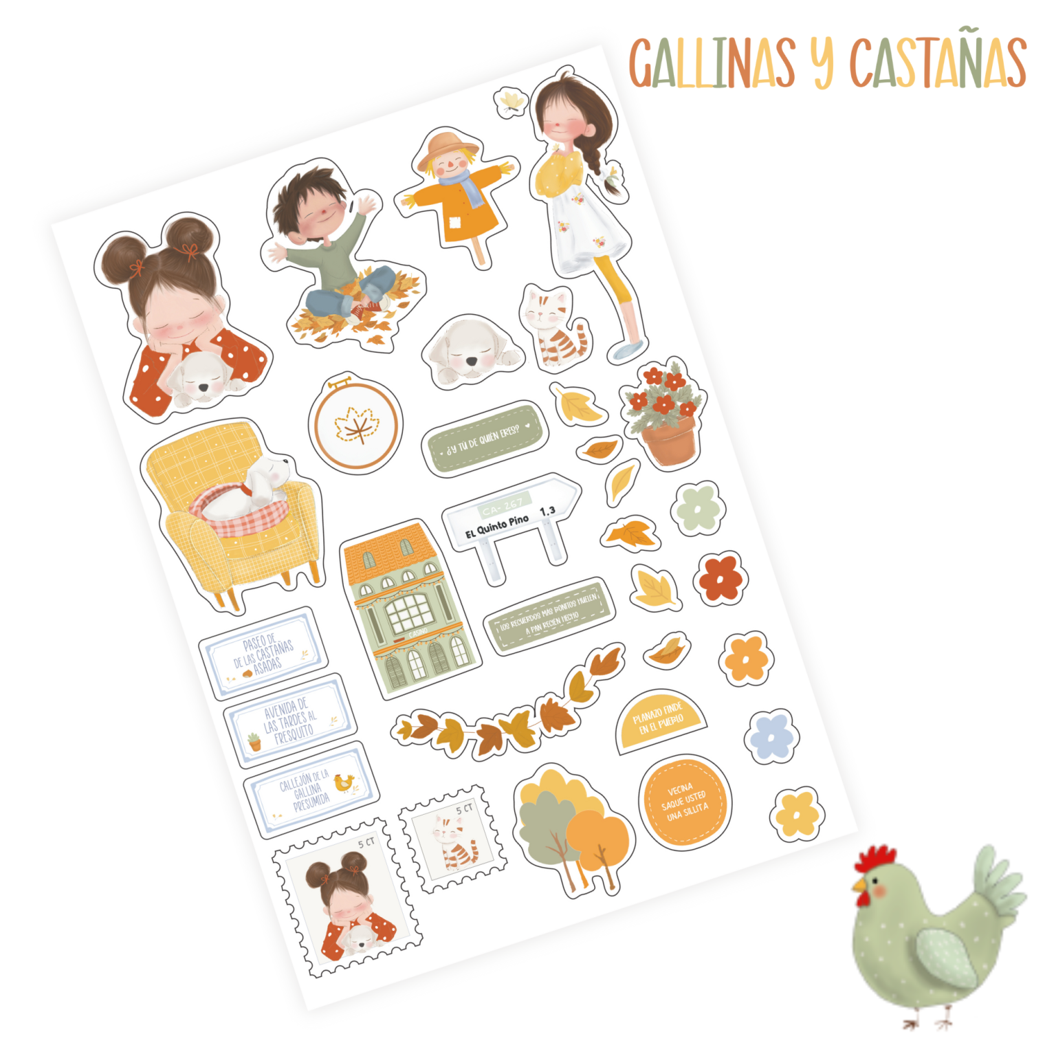 Folha de autocolantes coloridos com personagens, objetos outonais e texto em espanhol.