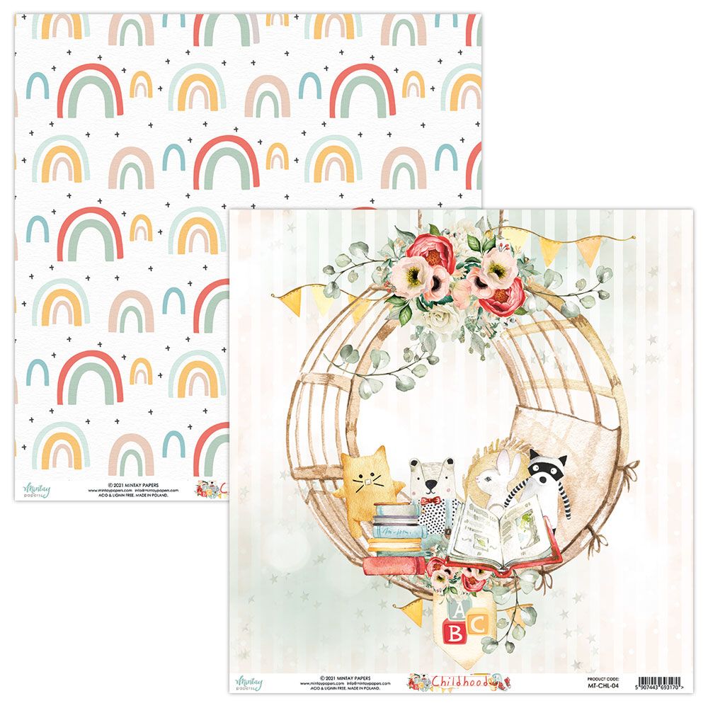 Papel decorativo para scrapbook com padrão de arco-íris e ilustração de amigos animais a ler