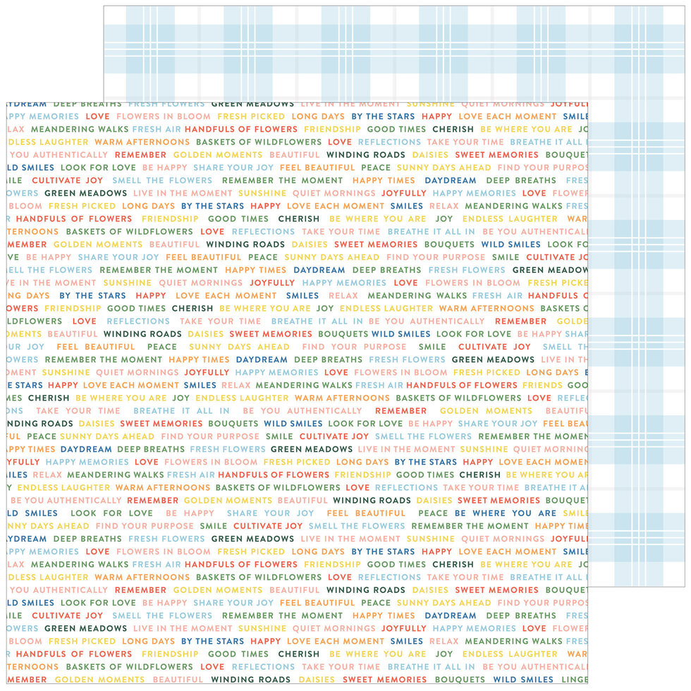 Embalagem xadrez azul e branco com bloco de papel colorido com palavras em várias fontes