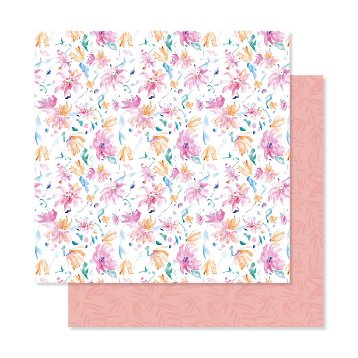 Papel decorativo com padrão floral colorido e padrão de folhas rosa