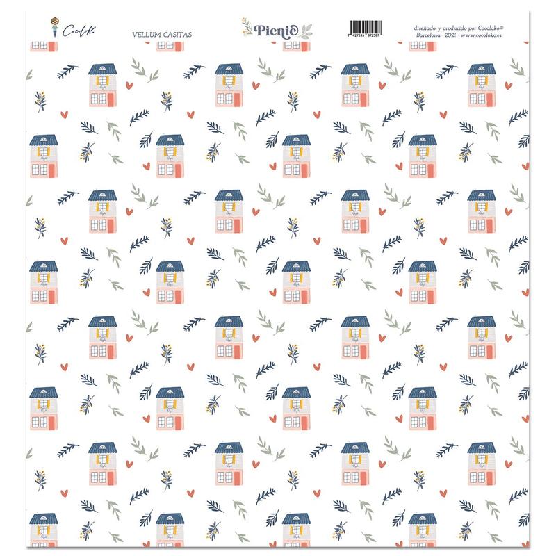 Papel decorativo com casas cor de rosa e ramos florais em azul e laranja