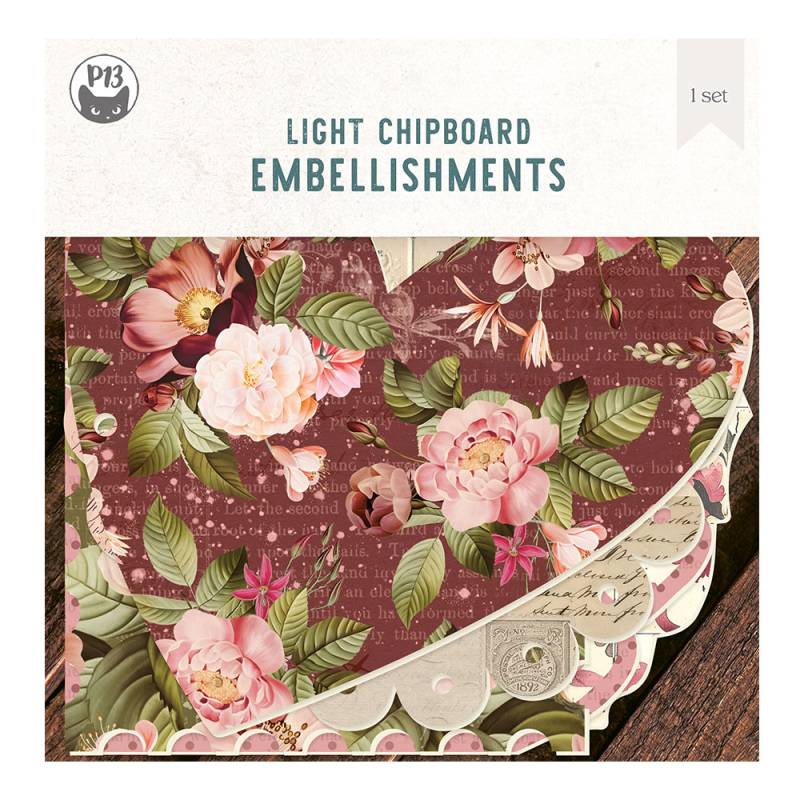 Embalagem de ornamentos em chipboard leve com padrão floral e recortes decorativos