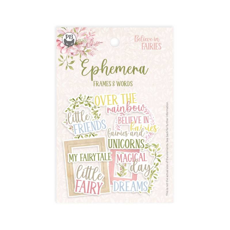 Ephemera P13 com frases decorativas coloridas e flores em fundo claro