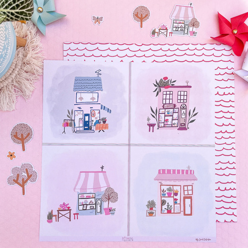 Quatro desenhos de casas e lojas coloridas sobre fundo cor-de-rosa com padrões e desenhos decorativos.