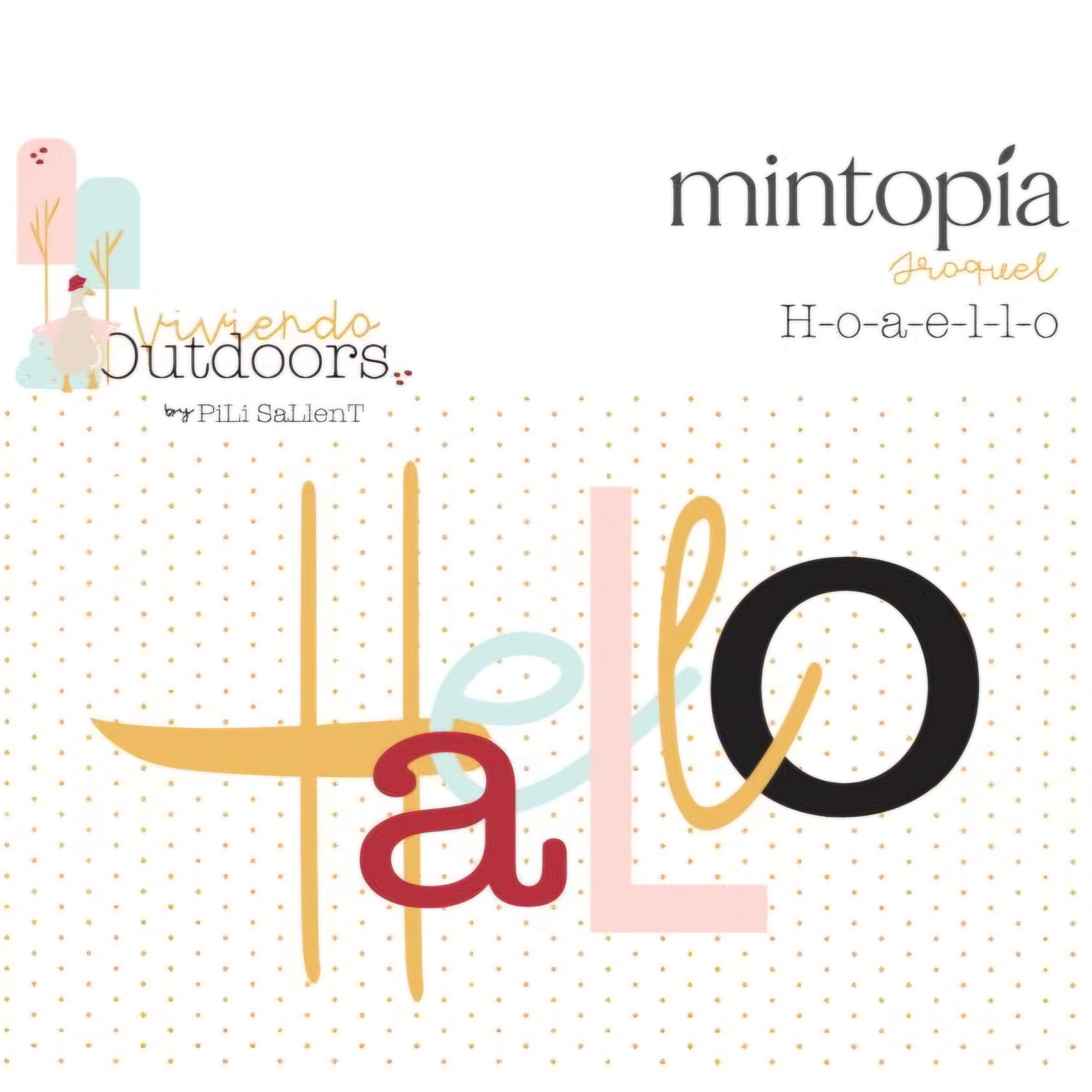 Design gráfico com texto em várias cores e fontes sobre fundo branco com pontos amarelos